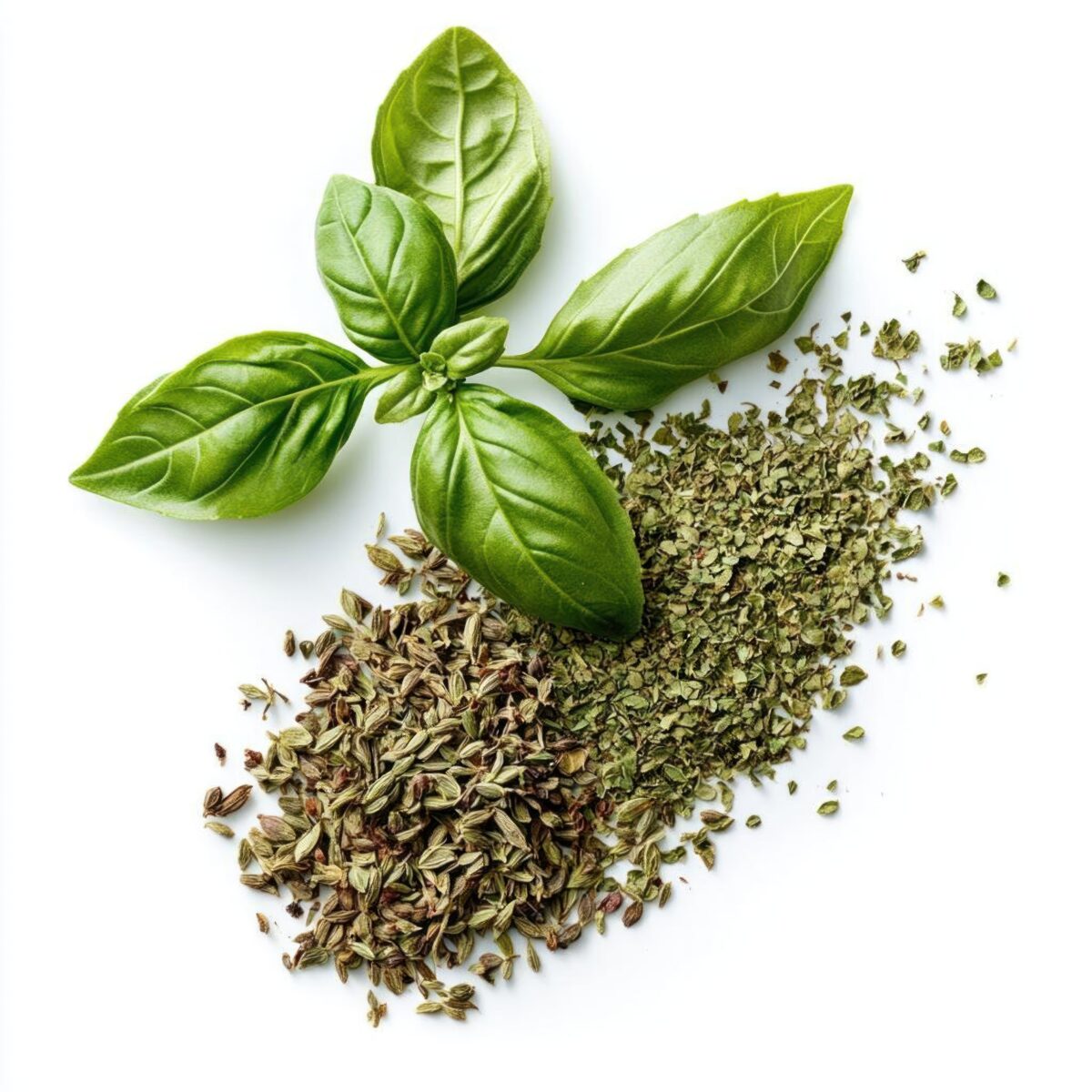 Fresh and dried basil leaves isolated on a white background.